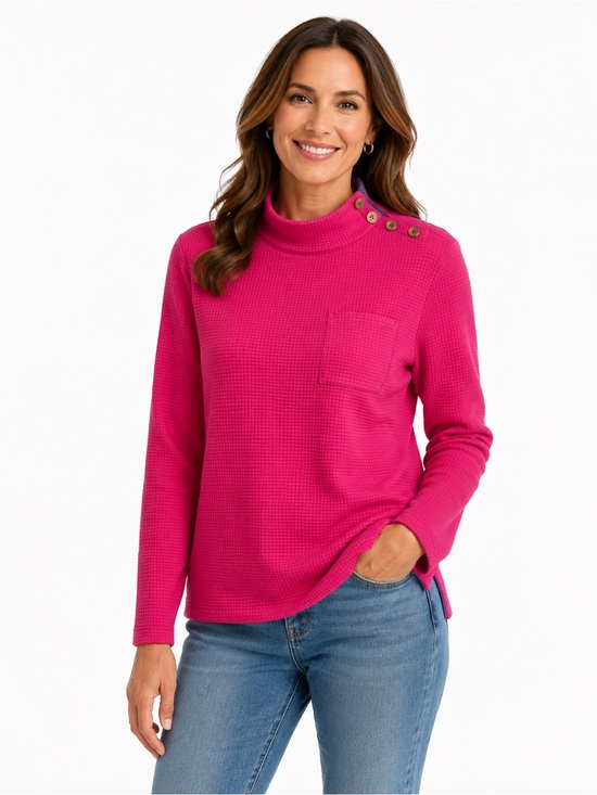 Talbots Tops - Talbots‎ Pink Waffle Knit Mock Neck Pullover Sweater Button Shoulder Pocket XS